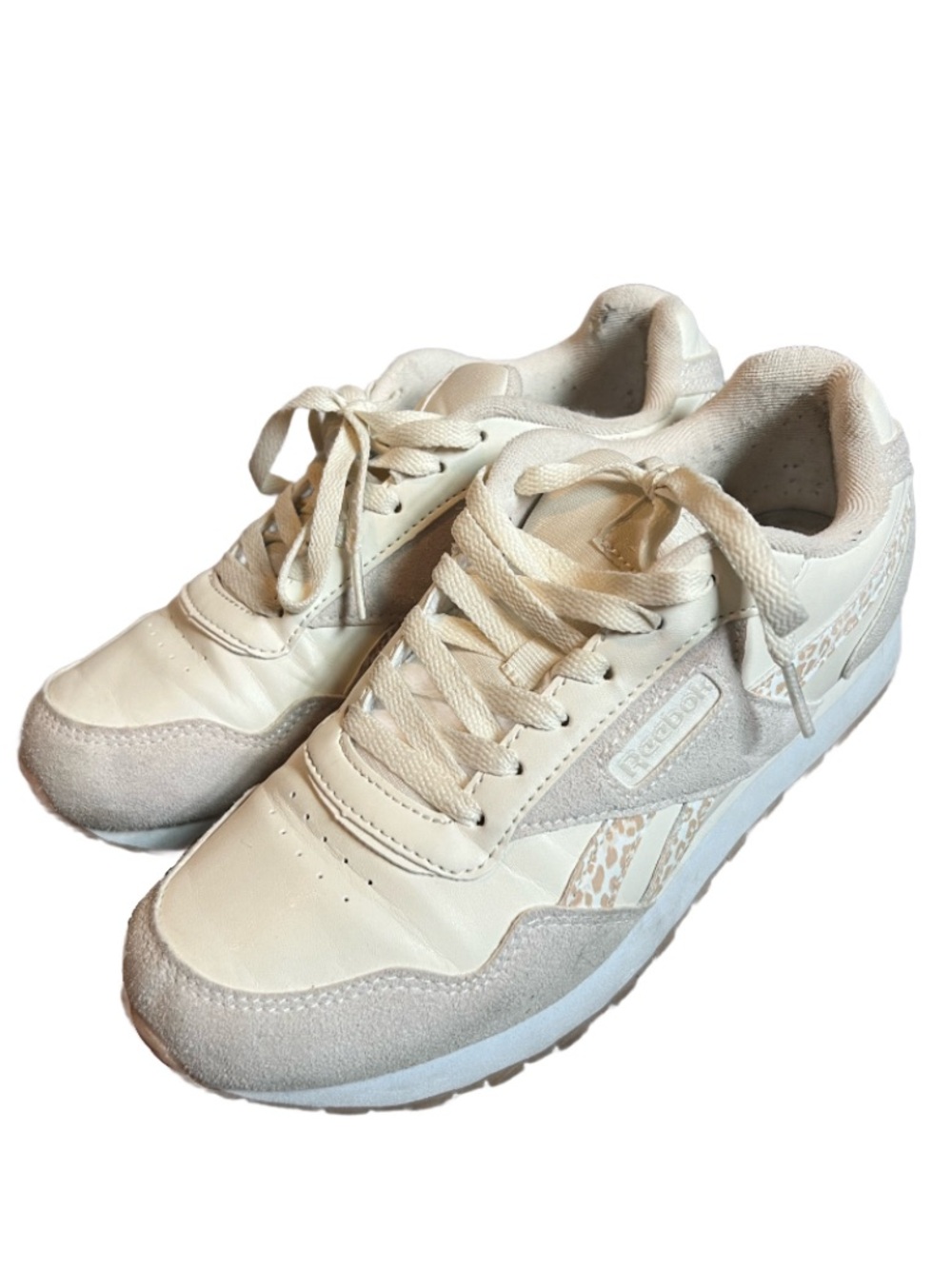 Reebok Women’s Cream & Beige Leather Sneakers with Subtle Leopard Accent